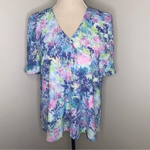 LaRoque pastel blue & purple waterlily floral short puff sleeve blouse Medium